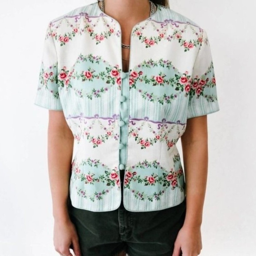 Papell Petites Vintage 100% Silk Floral Rose‎ Print Short Sleeve Blouse Blue 12P